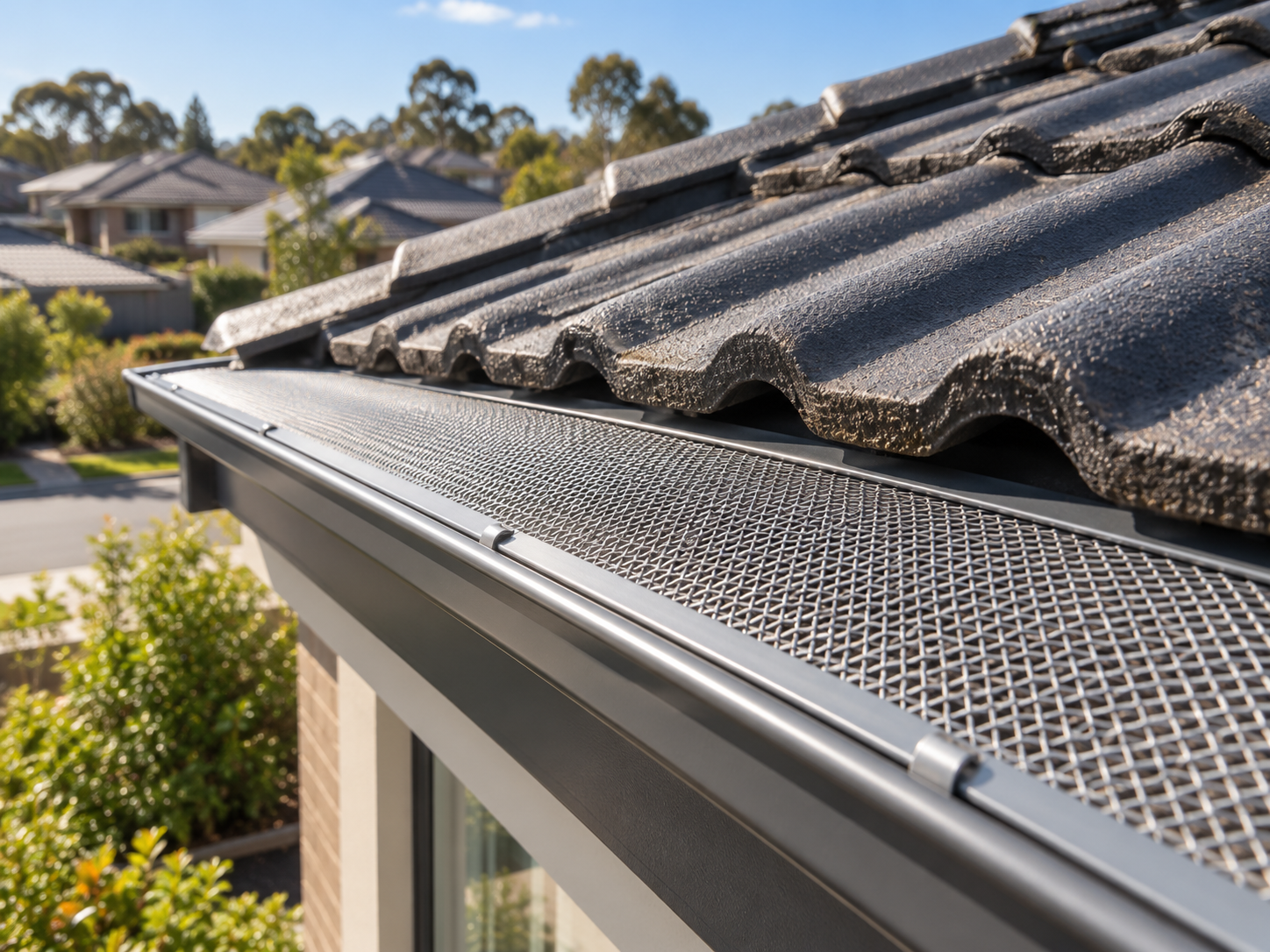 Metal mesh leaf guard installed on gutters of a tiled Melbourne roof