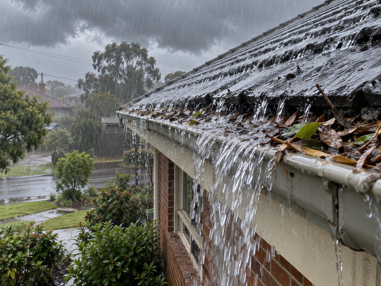 Rainwater overflowing from a blocked gutter on a Melbourne home
