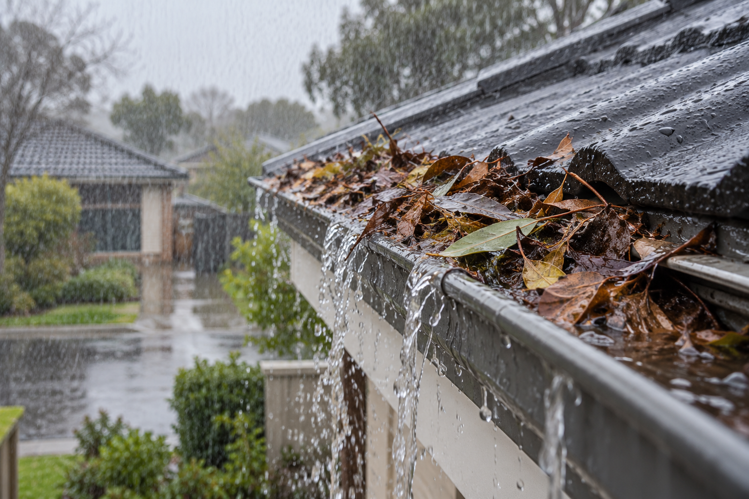Blocked gutter overflowing in the rain before gutter cleaning in Melbourne