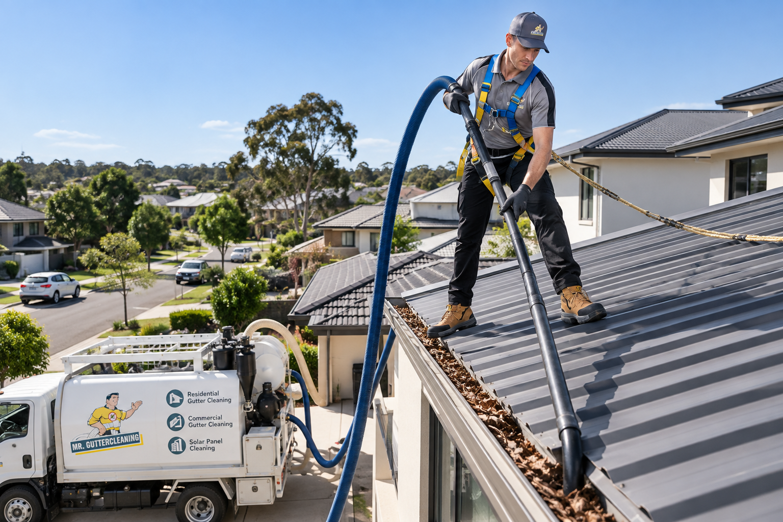 Gutter vacuum cleaning on a two-storey Melbourne home
