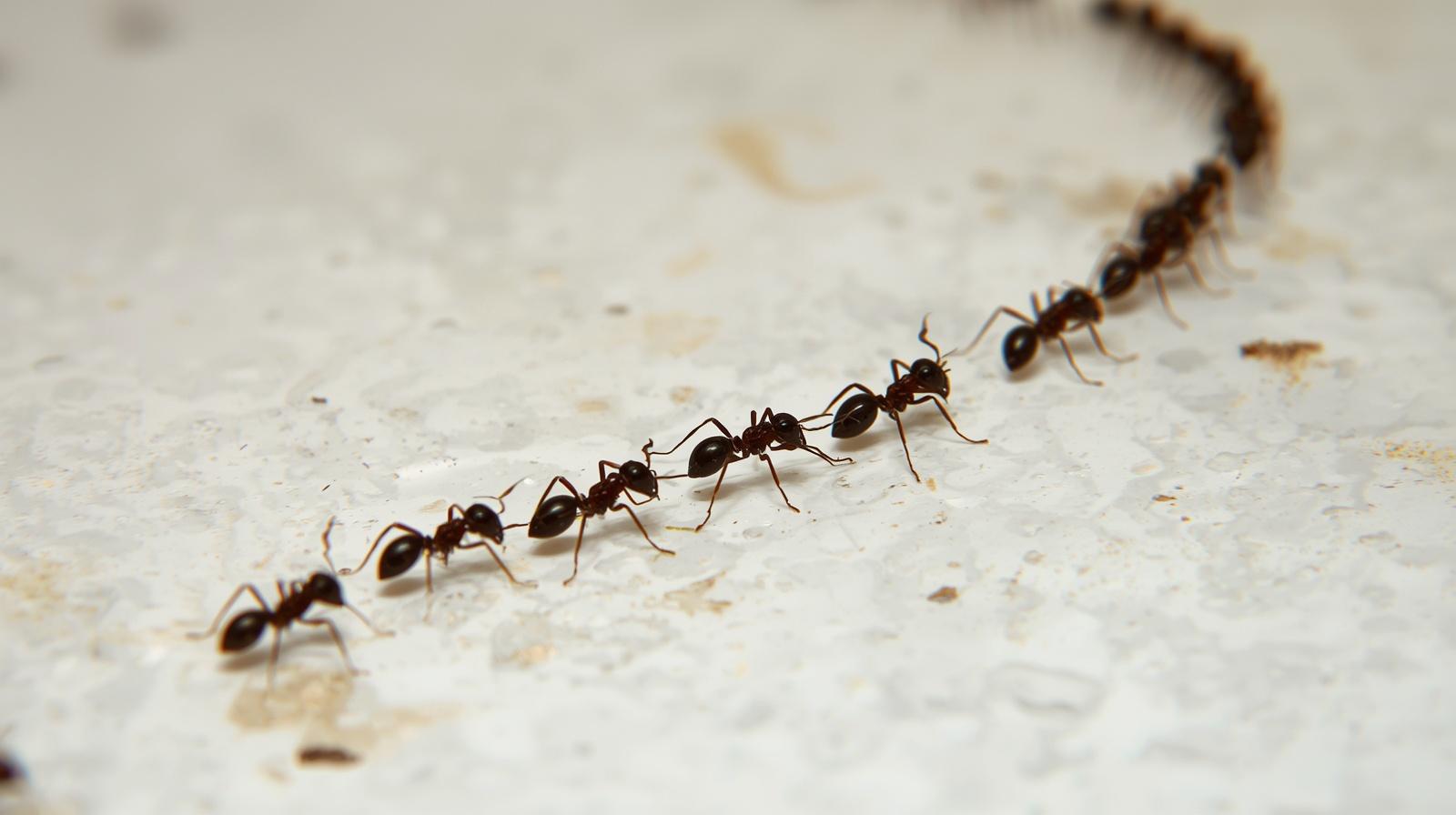 Ant trail on kitchen counter showing indoor infestation