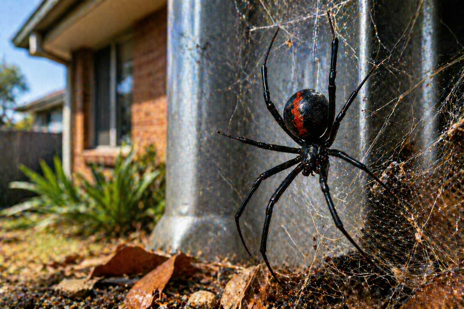 Redback spider in a web by the house