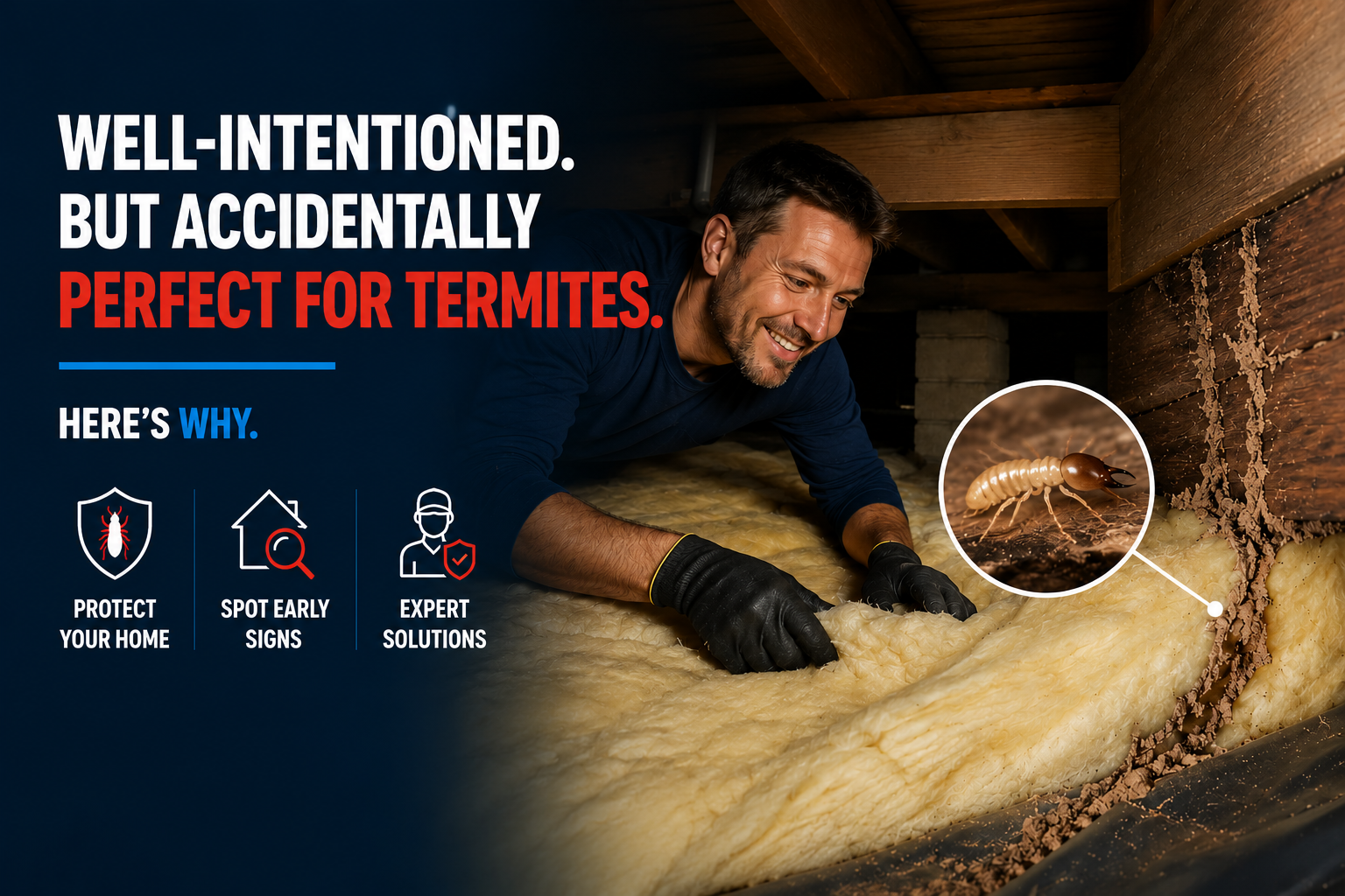 Underfloor inspection showing termite mud tunnels on timber framing and insulation materials inside a crawl space.