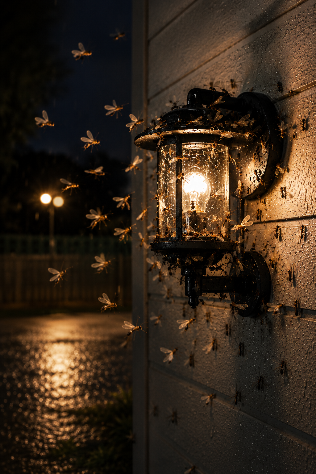 Outdoor light surrounded by a swarm of winged termites during a seasonal termite flight event.