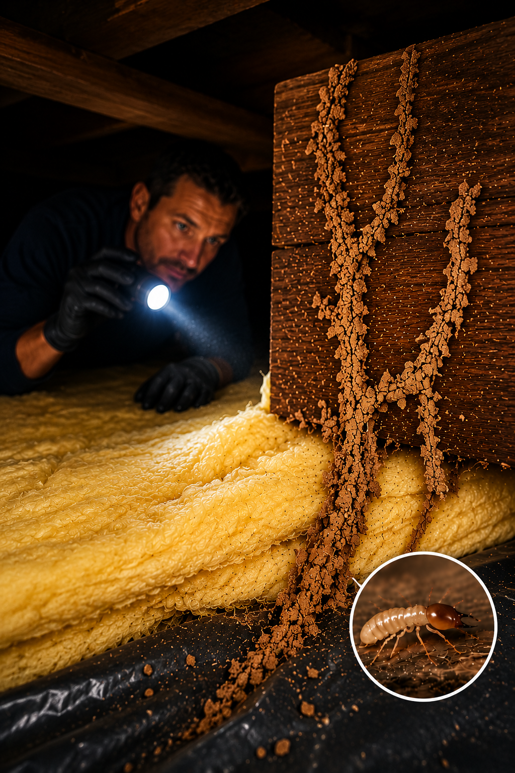 Pest control technician conducting a termite inspection in a crawl space with visible mud tunnels on timber supports.
