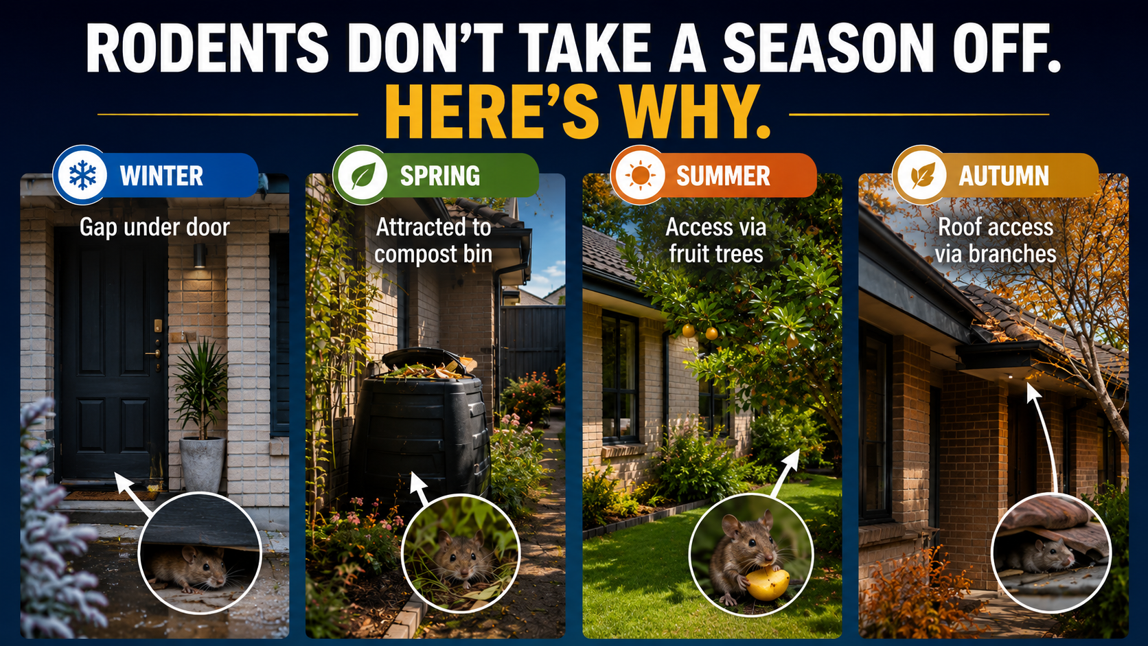 Australian home with common rodent risk areas around doors, gardens, trees, and roof access locations.