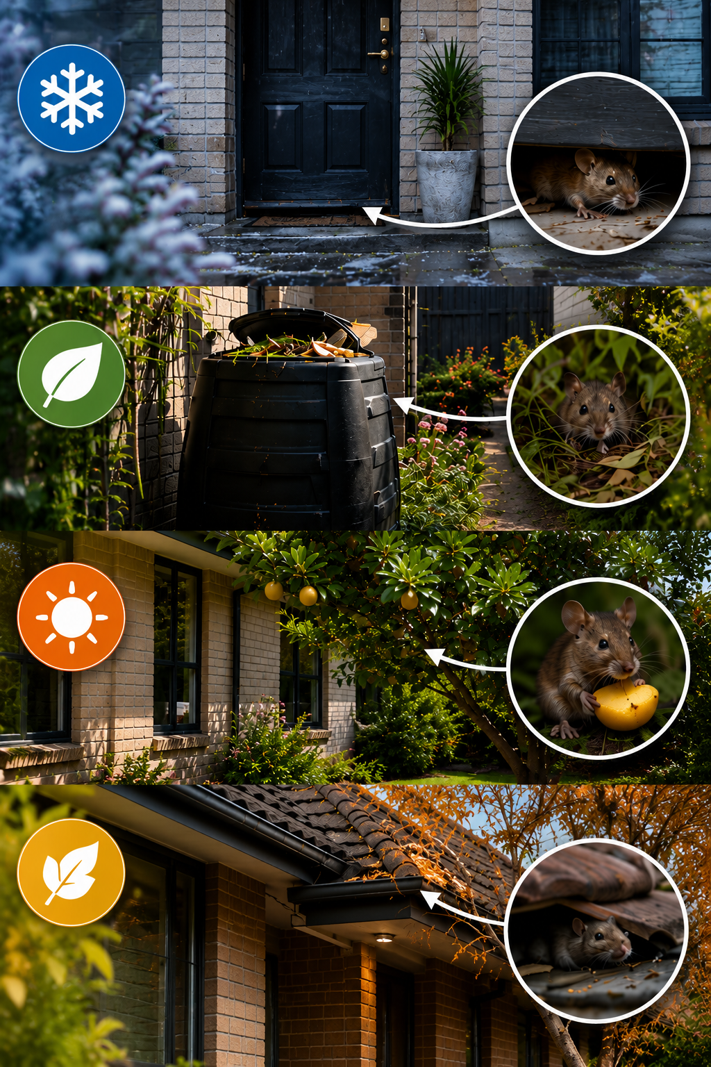 Australian home with common rodent risk areas around doors, gardens, trees, and roof access locations.