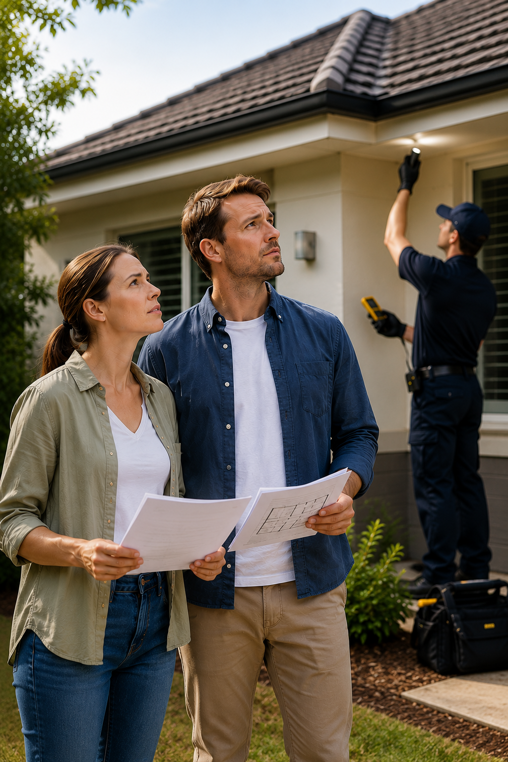Licensed pest inspector checking a home's exterior while buyers review inspection documents during a pre-purchase assessment.