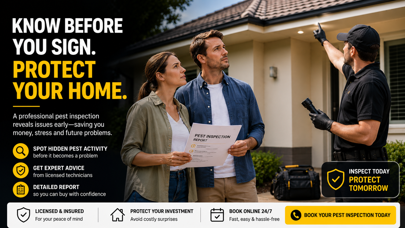 Licensed pest inspector checking a home's exterior while buyers review inspection documents during a pre-purchase assessment.