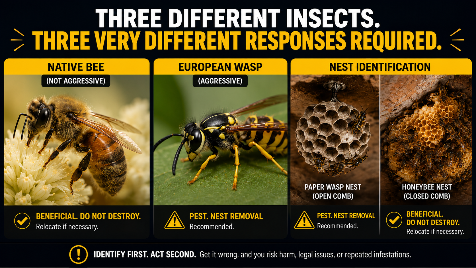 Visual guide showing key differences between beneficial bees and pest wasps, including nest appearance and management considerations.