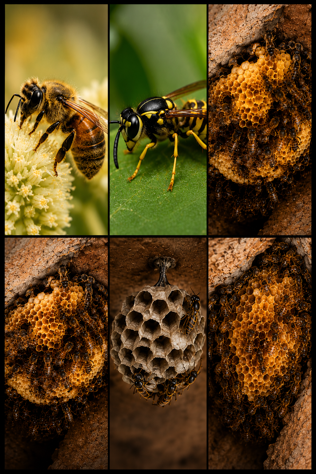 Visual guide showing key differences between beneficial bees and pest wasps, including nest appearance and management considerations.
