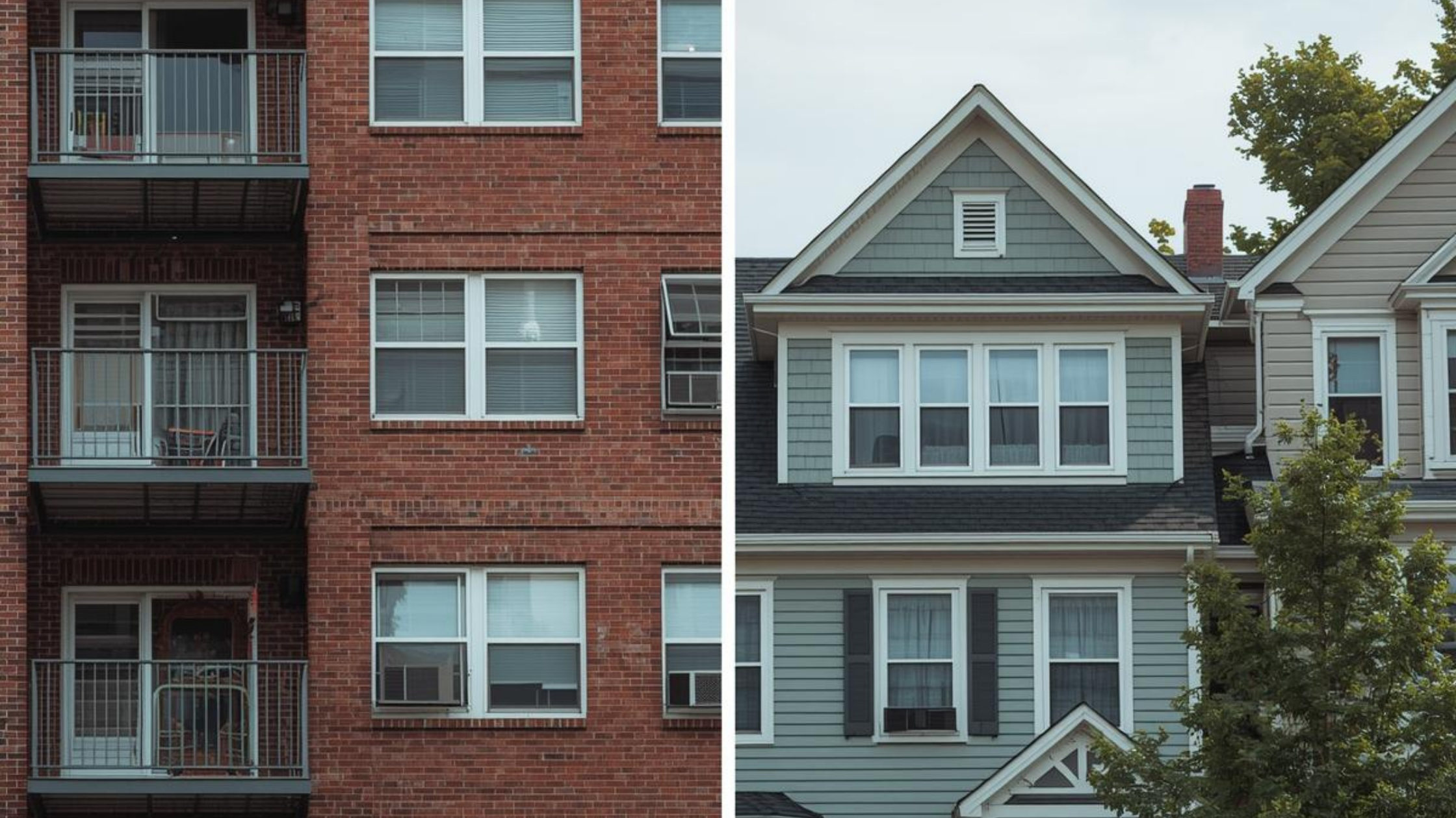 Urban apartment building and suburban home illustrating different pest control challenges