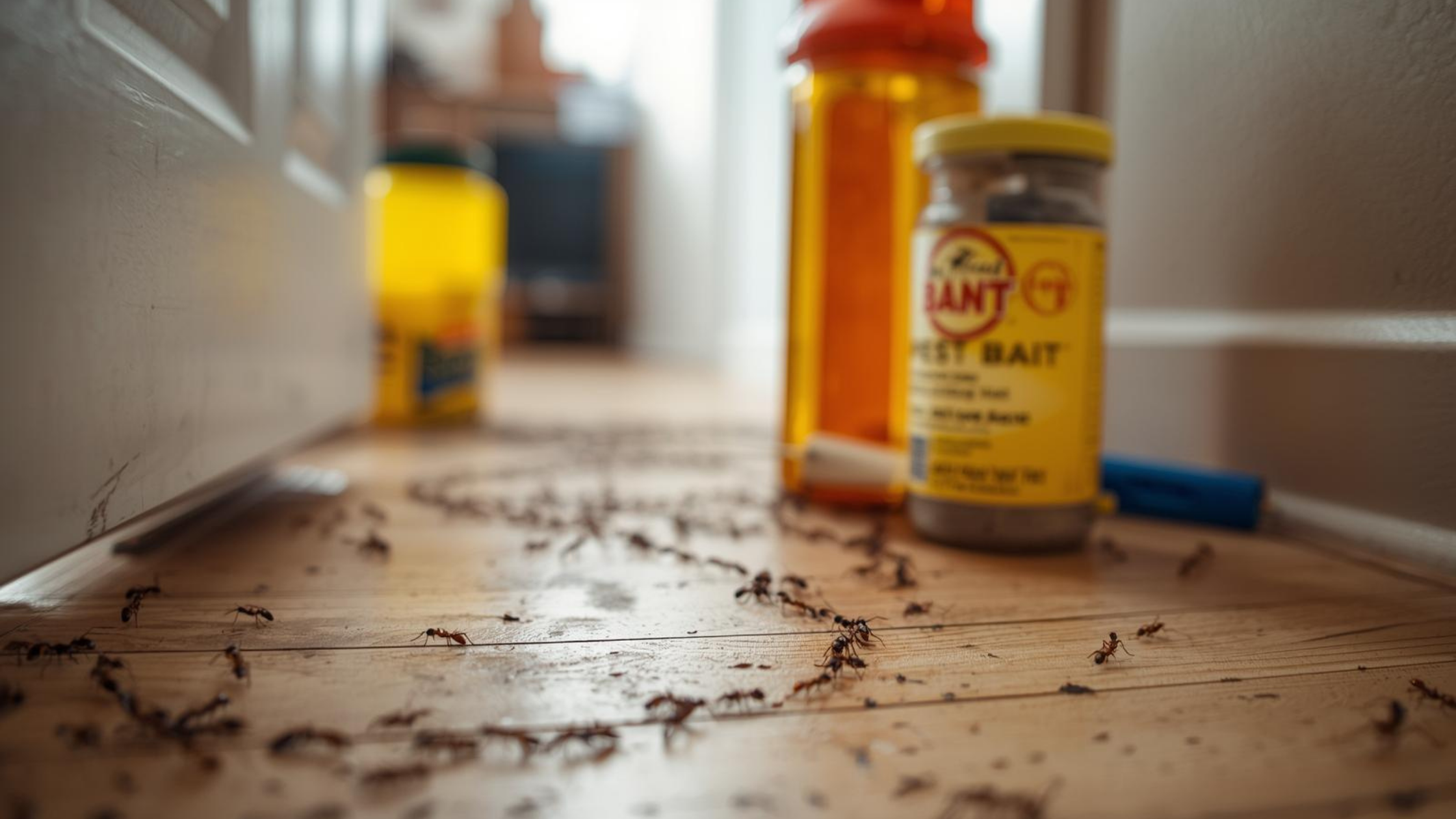 Ants trailing across a kitchen floor near bait containers, showing an active indoor ant infestation and treatment setup