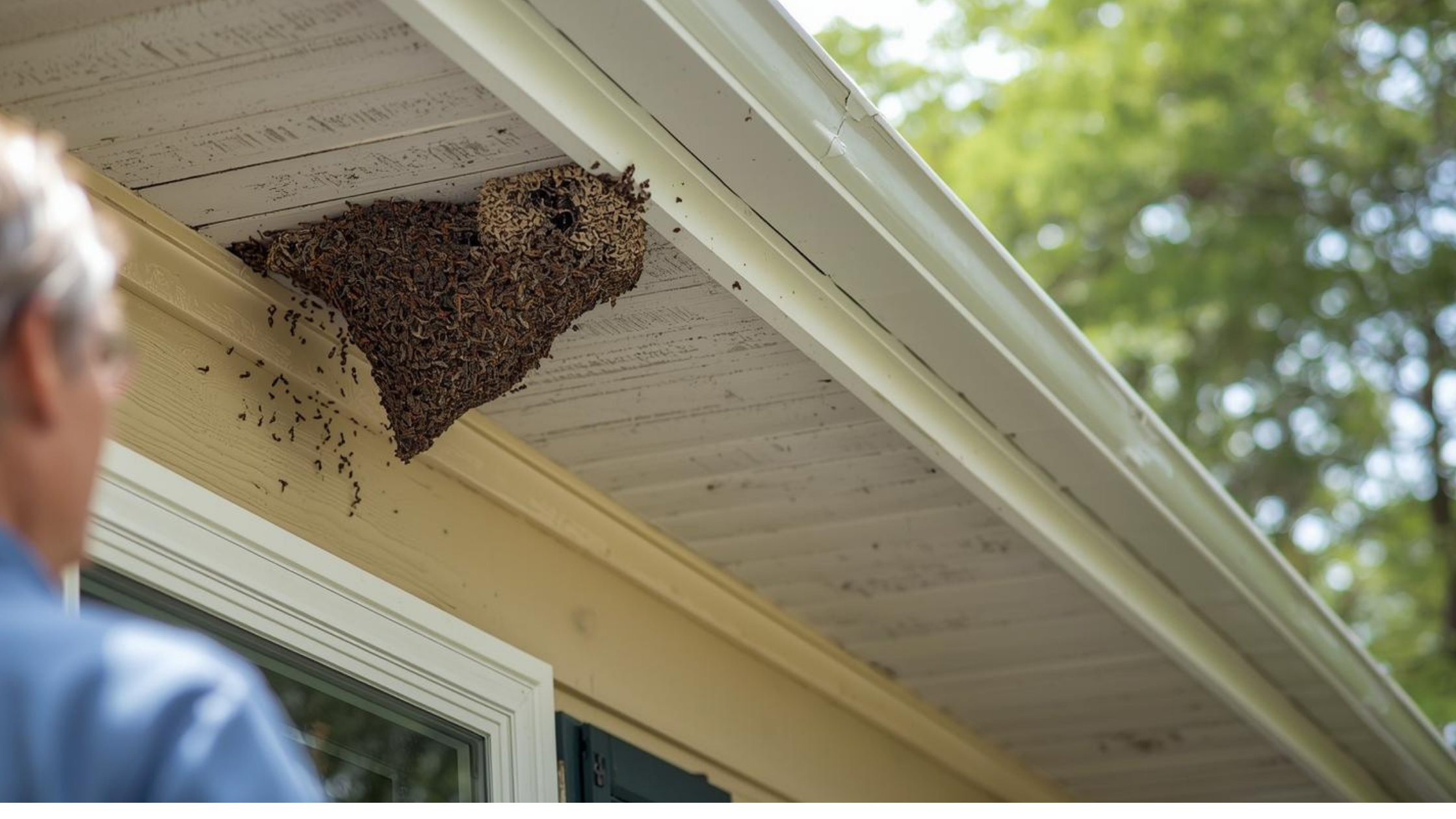 Wasp nest in roof eaves with active wasps near a residential home
