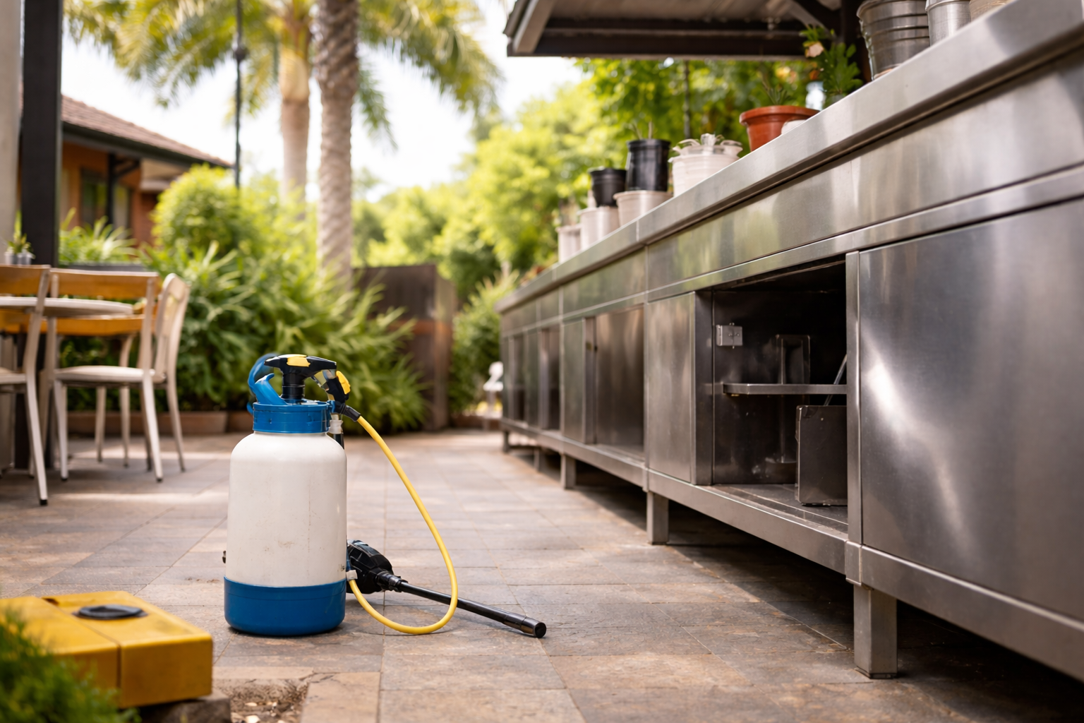 Commercial kitchen area with pest control equipment set up for preventative treatment at an Australian business property