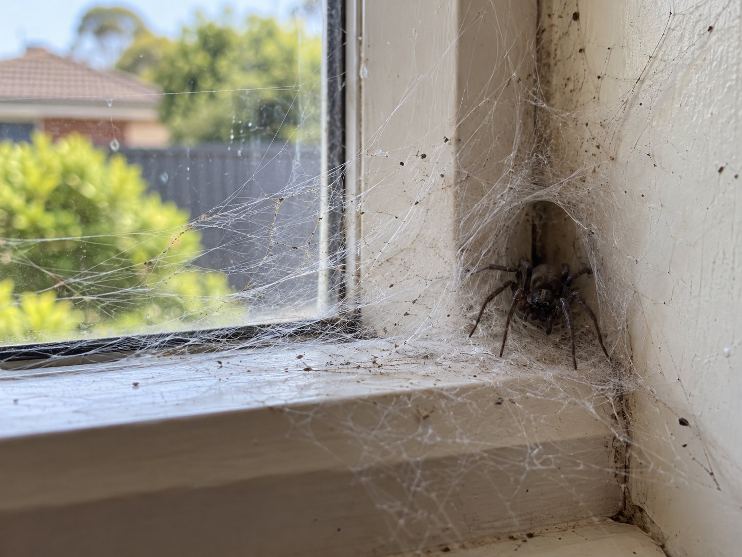 Black house spider web in the corner of a window frame on a Melbourne home