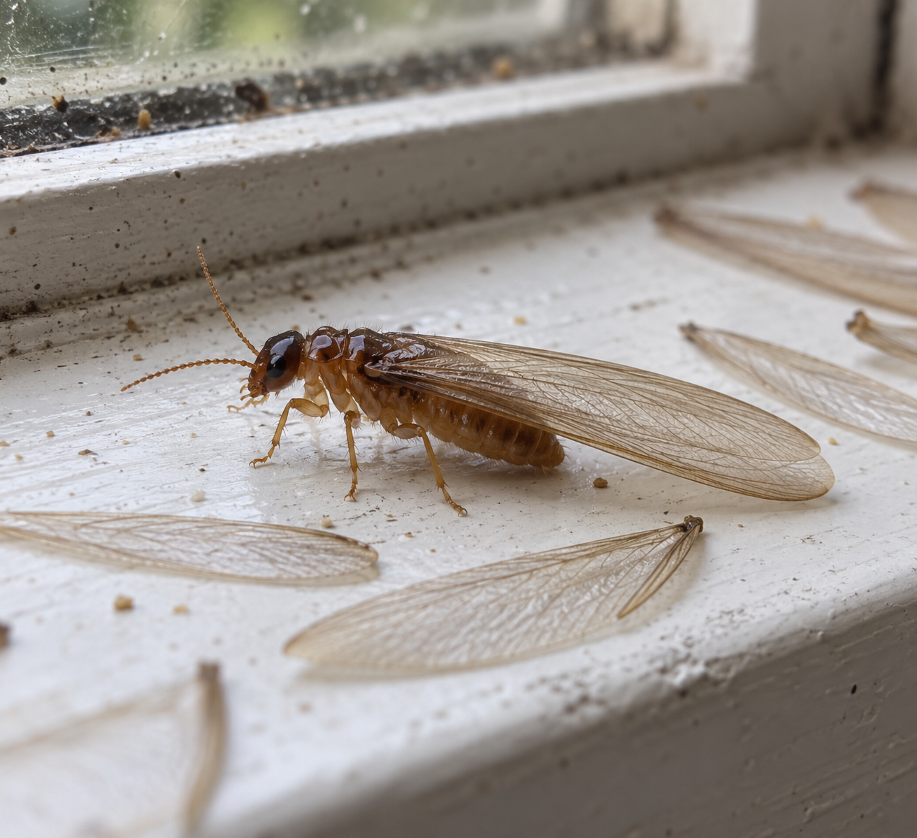Flying termites and discarded wings on a windowsill in a Melbourne home