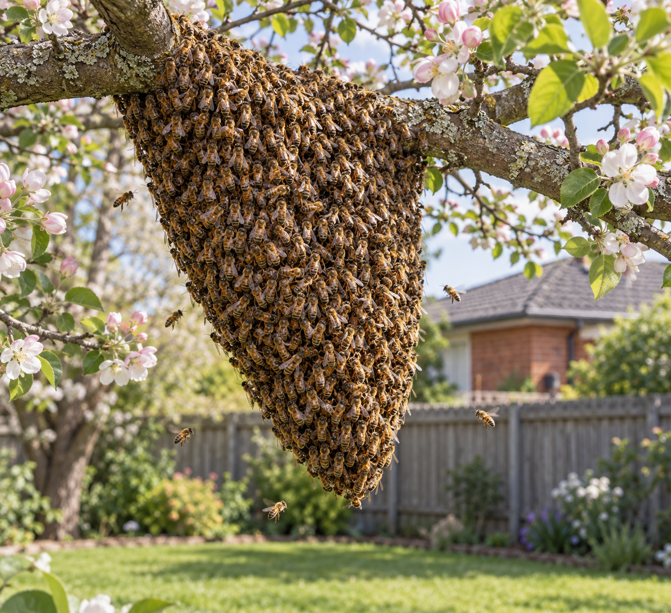Honeybee swarm clustered on a tree branch in a Victorian backyard