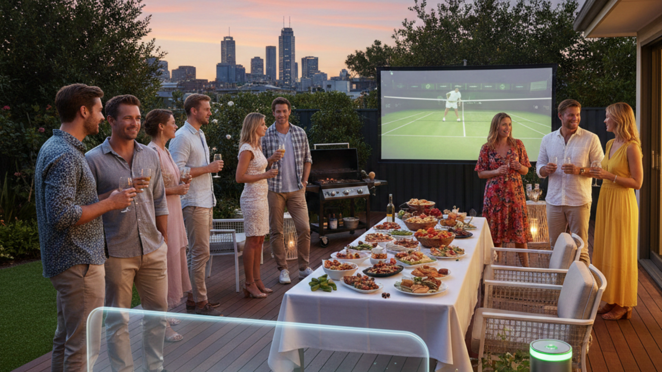 Friends hosting an Australian Open backyard party with outdoor dining setup and large screen, highlighting pest prevention for parties during summer gatherings.