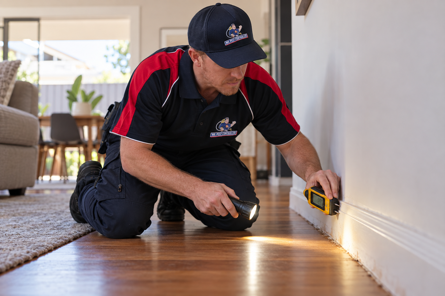 Technician carrying out a termite inspection in a Melbourne home