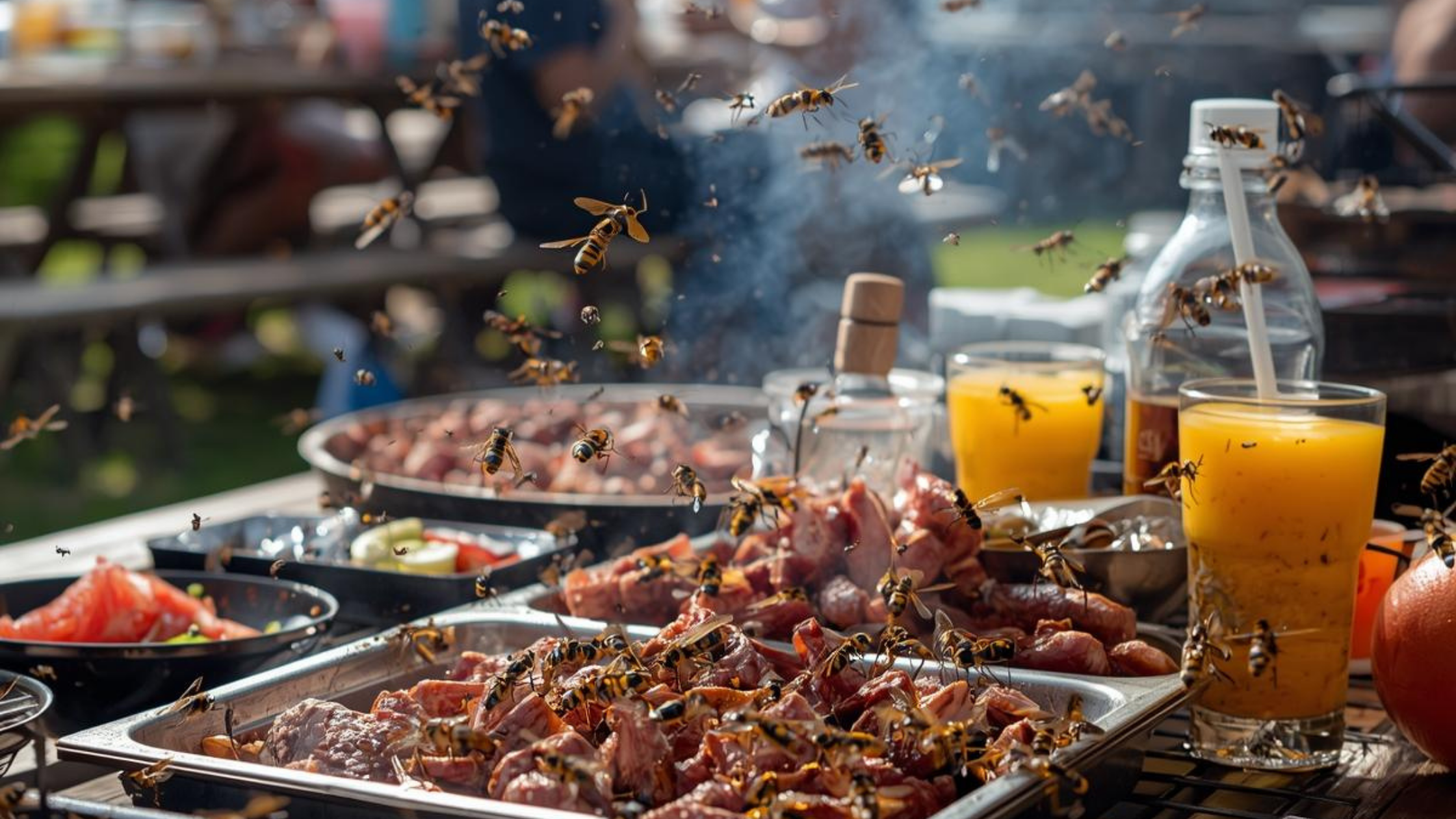 What attracts wasps in summer as they swarm food and drinks around an outdoor BBQ area