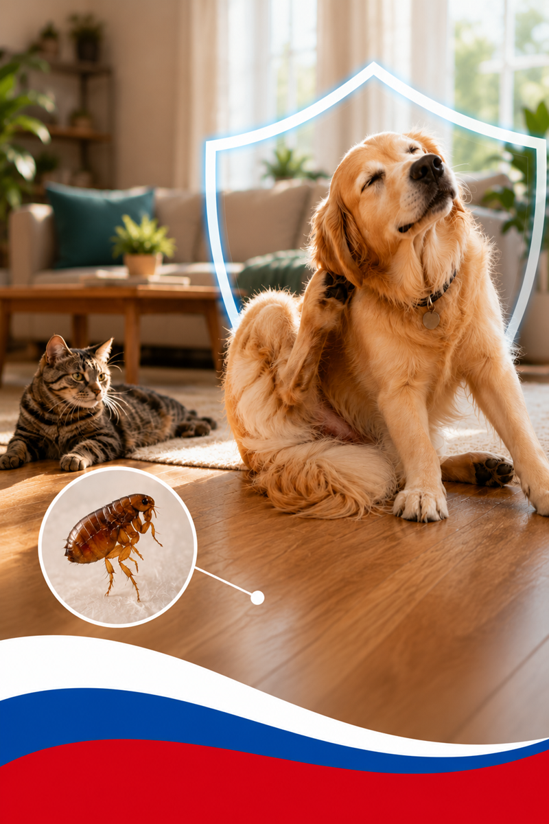 Dog and cat inside a modern home highlighting the risk of fleas being carried indoors by pets.